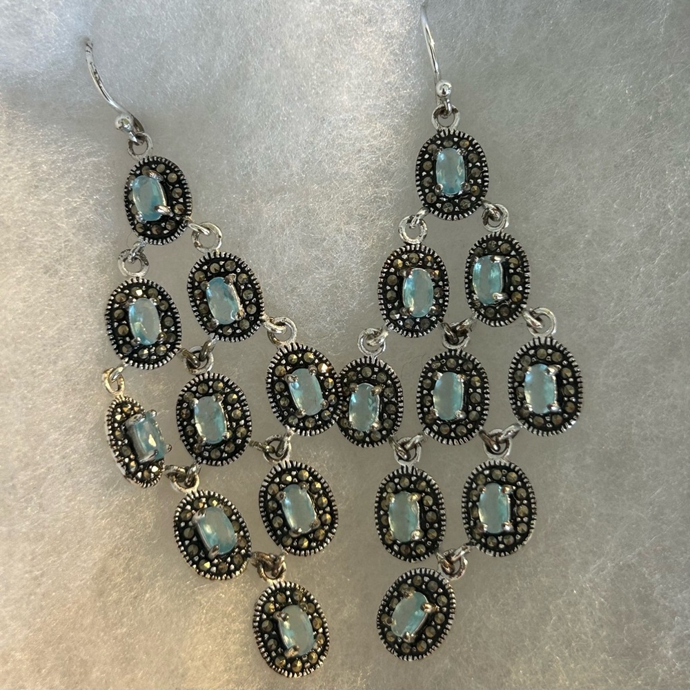 WOLF & BADGER Sterling Silver Sapphire Cubic Zirconia Dangle Chandelier Earrings